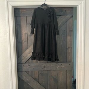 Little Girls' Black Long Sleeve Ruffle Dress with Flower Accent